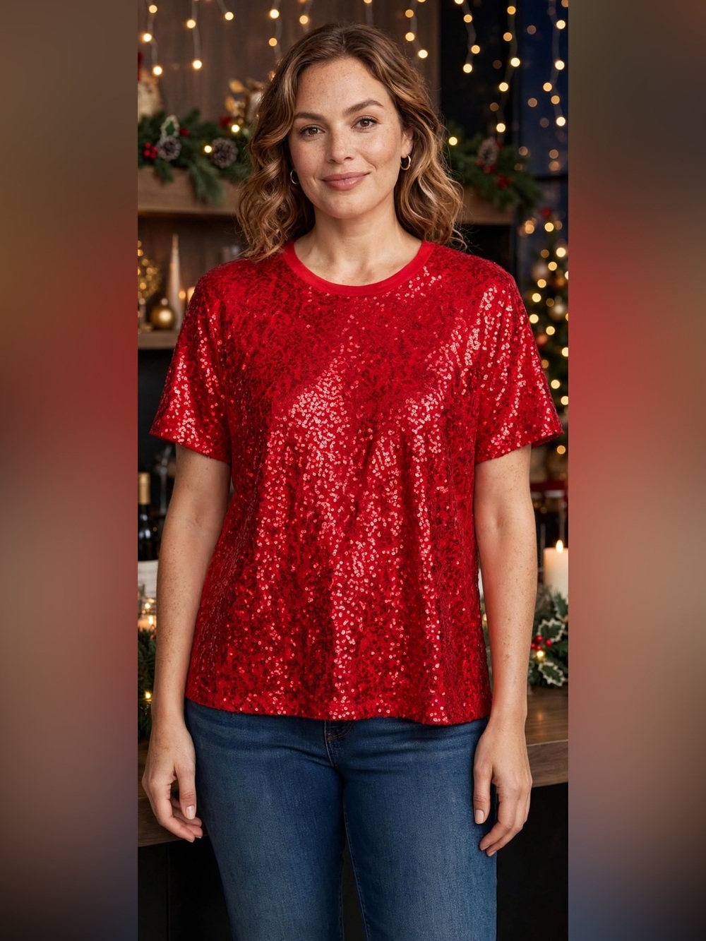 Dkny Red Sequin Short Sleeve Crew Tee - NWOT